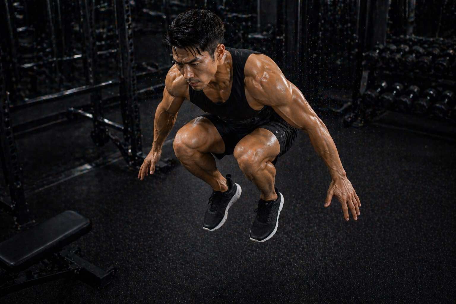 HIITトレーニングでジャンプスクワットをする筋肉質なアジア系男性