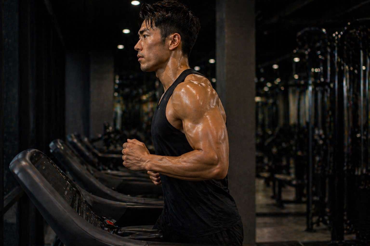 ジムでトレッドミルを走る筋肉質なアジア系男性