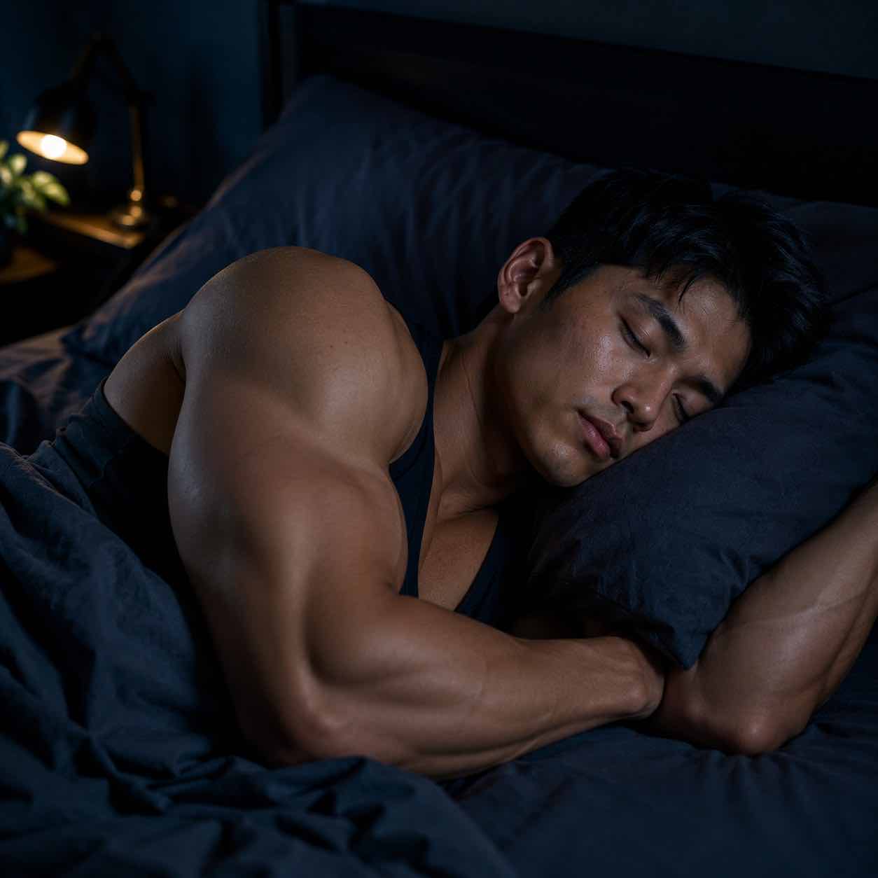 筋肉質な男性がぐっすり眠っている