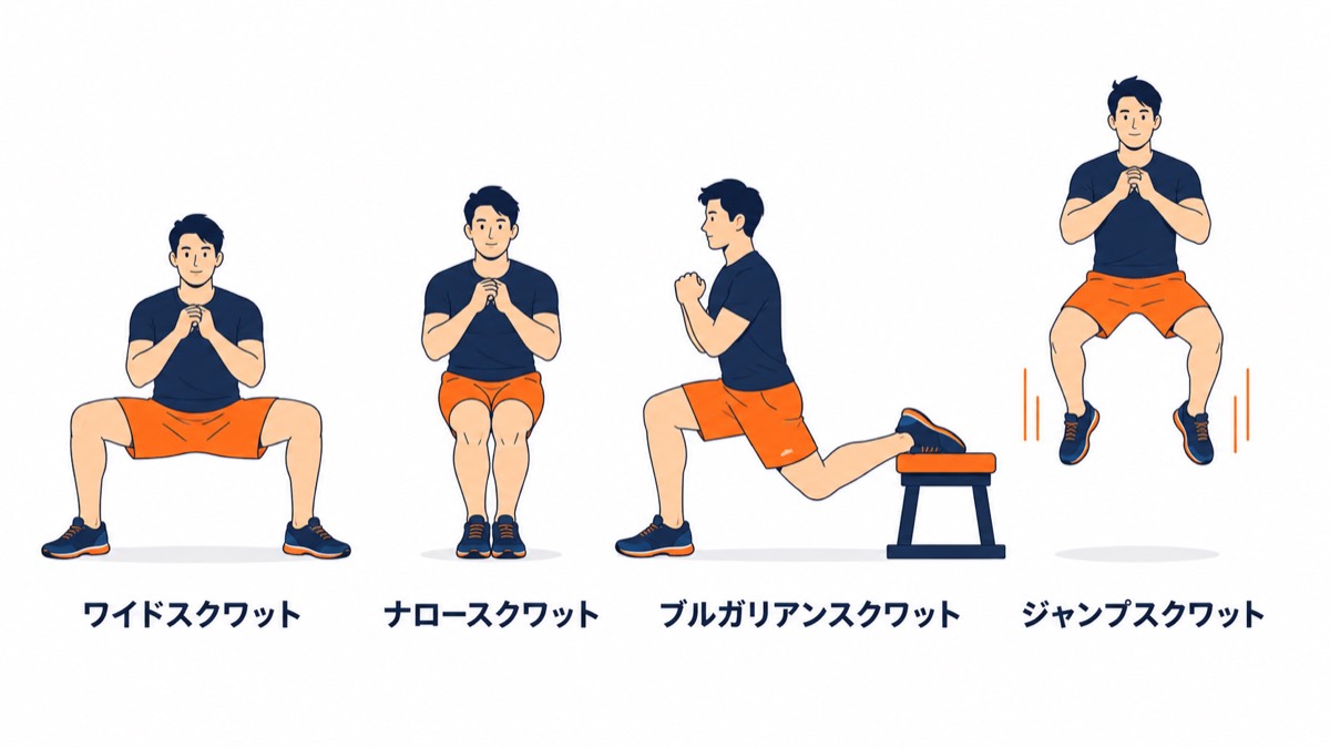 スクワットの種類別バリエーション図