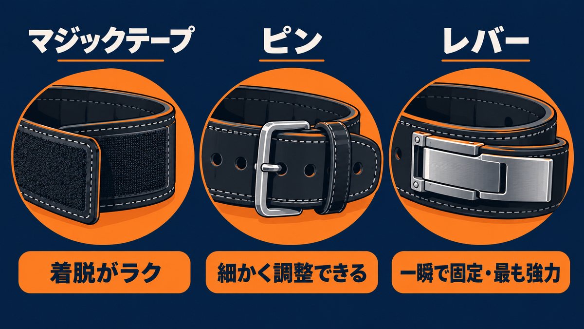 トレーニングベルトの留め具3種類(マジックテープ・ピン・レバー)の比較