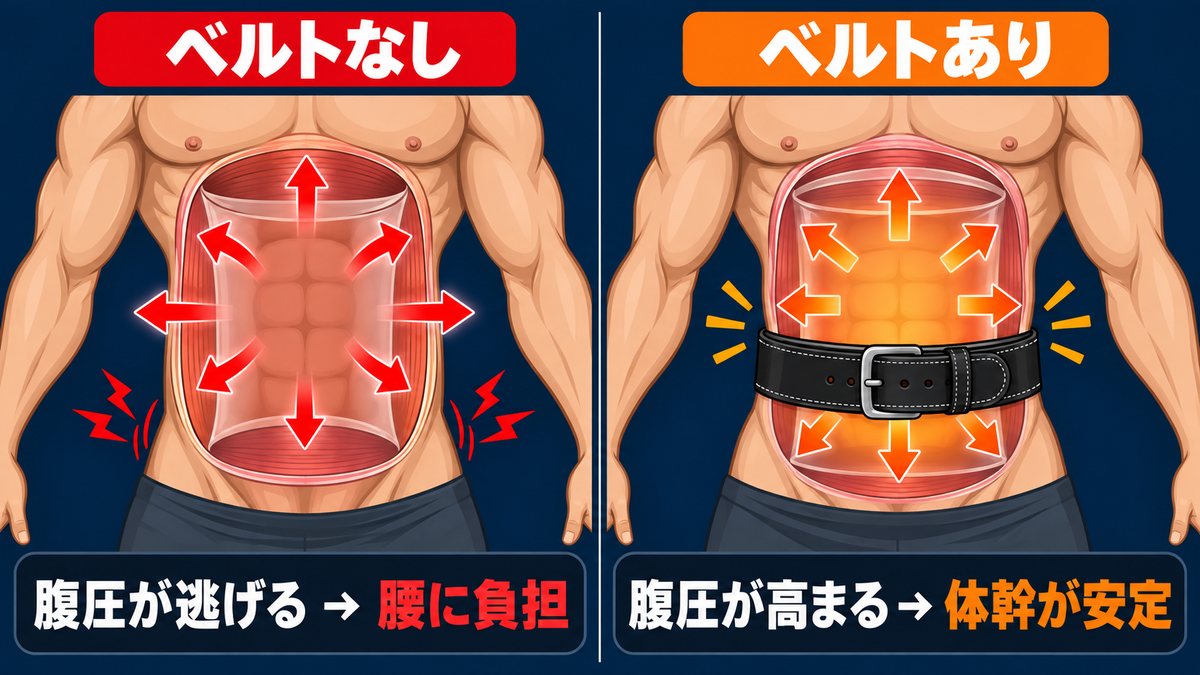 ベルトなしとベルトありで腹圧がどう変わるかを比較した図解