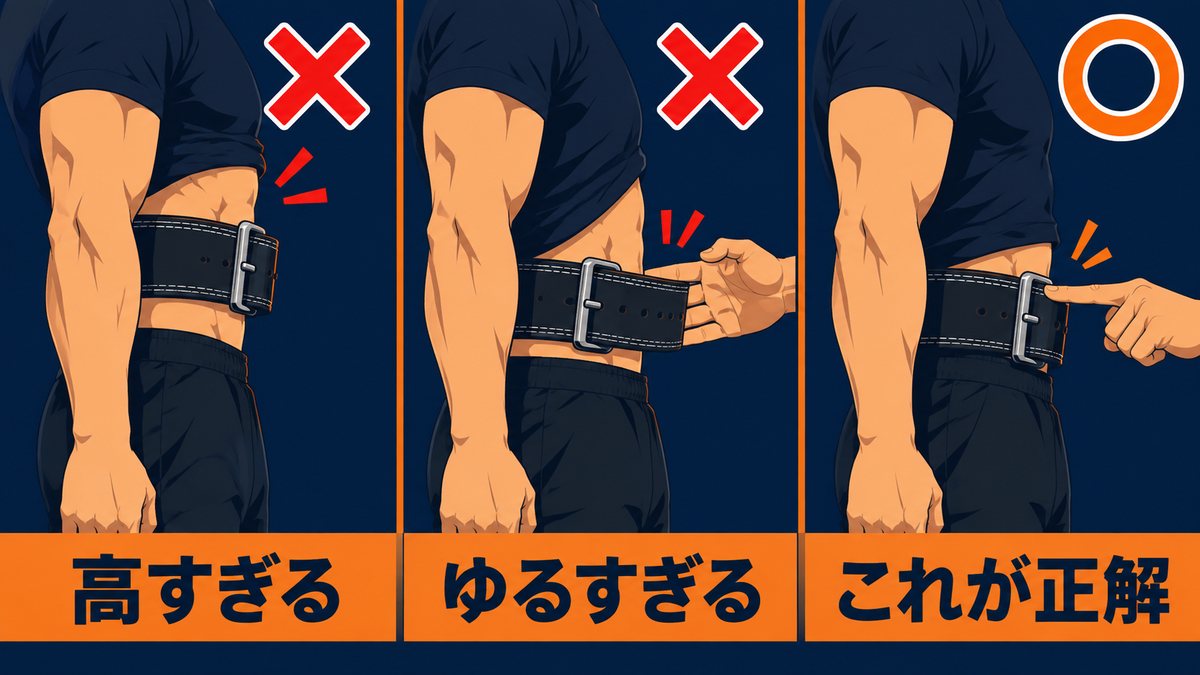 トレーニングベルトを巻く位置のNG例と正しい位置の比較
